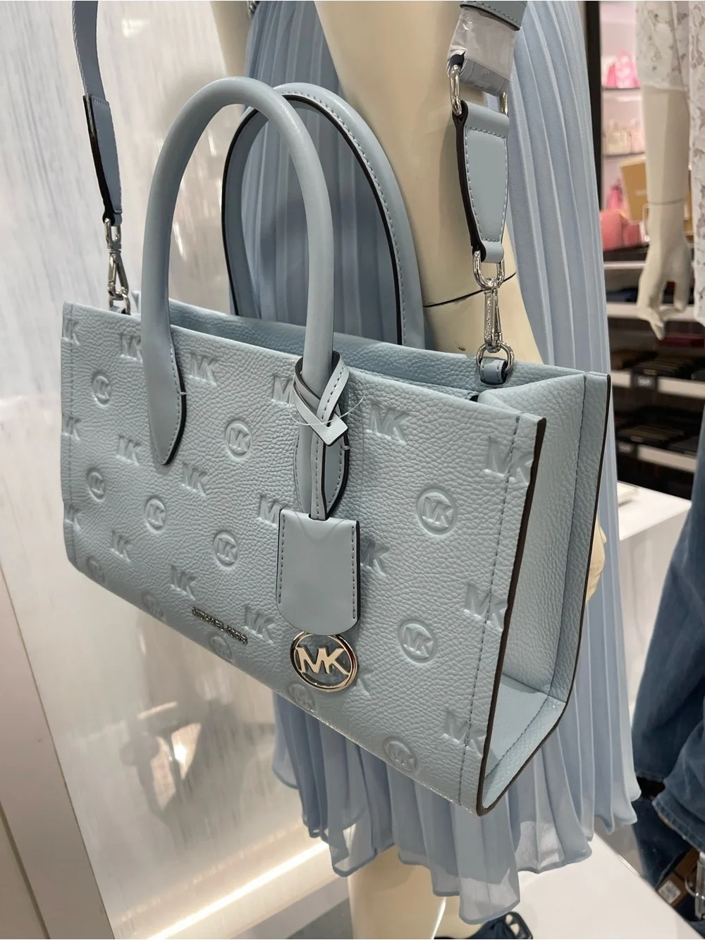 Michael Kors Mirella Md Logo Debossed EW Top Zip Satchel Shouldr Tote Pale Ocean